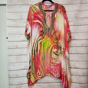Kareenas Silk Chiffon Print Blouse Top Poncho Kimono Coverup Women's Size L Bead